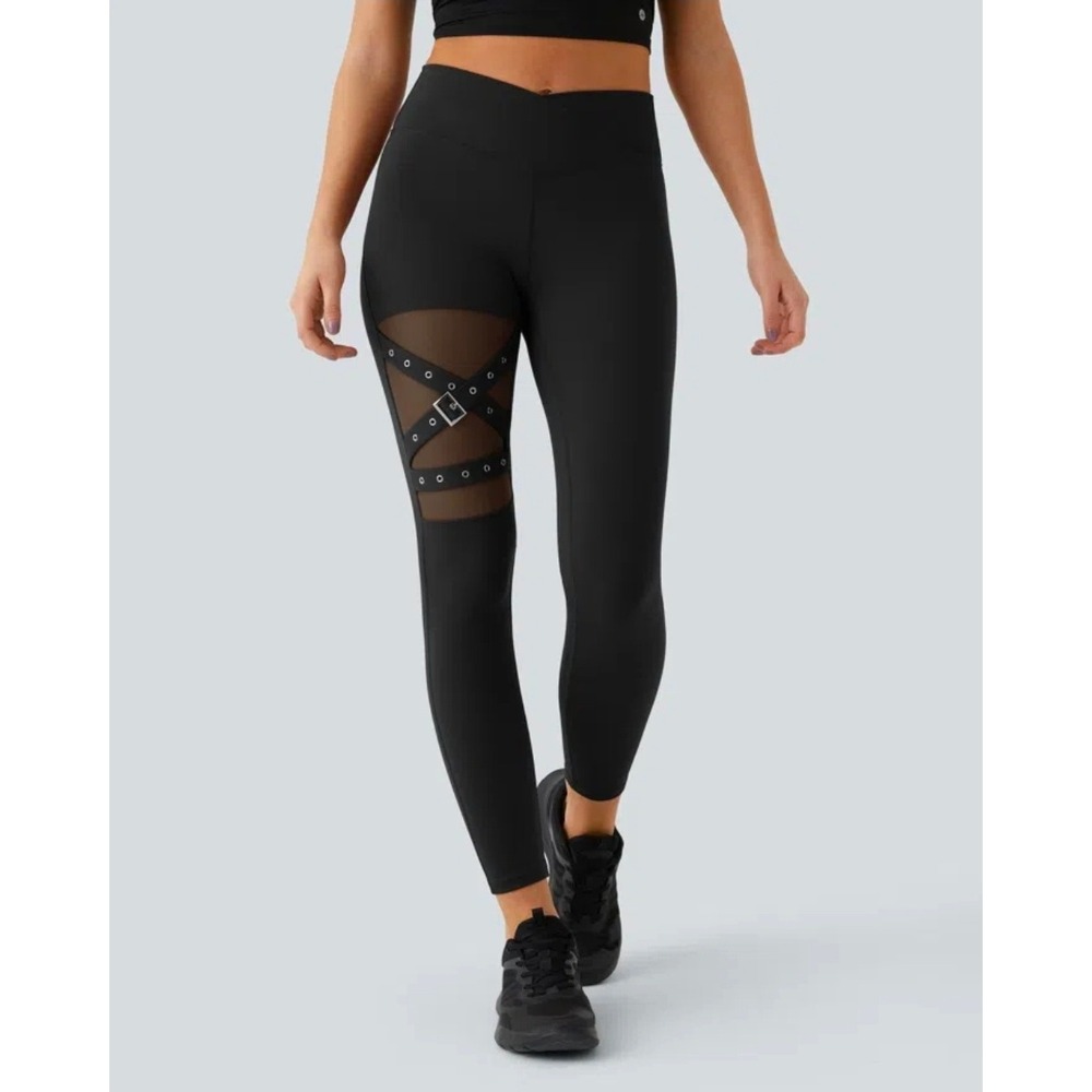 Halara DayStretch High Waisted Crossover Mesh Buckle Leggings Black Large